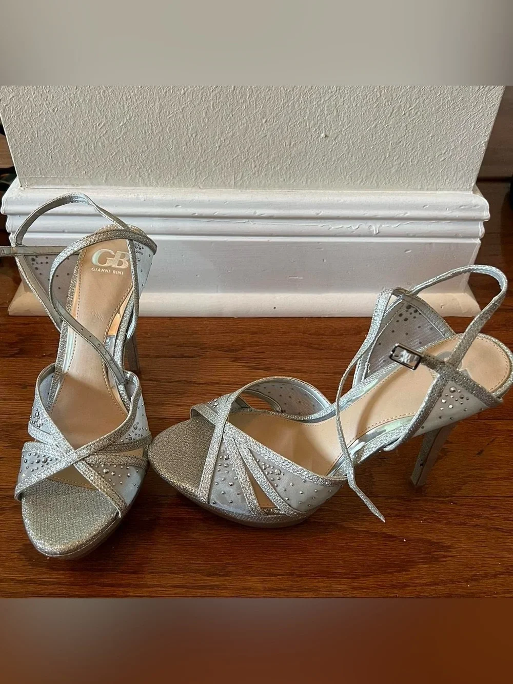 Gianni Bini Silver Rhinestone Platform Strappy Heels